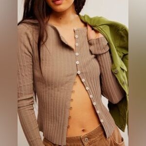 Free People Tilly Brown Ribbed Button-Down Shirt